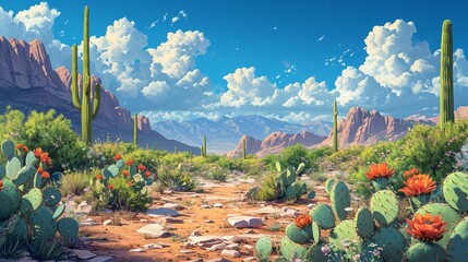 A cactus garden thriving in the arid beauty of a desert landscape. - obrazy, fototapety, plakaty