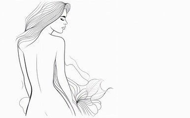 woman with flower outline line art. Female silhouette on white background copy space right. Beauty, massage salon, skincare, yoga, hairdresser flyer template. 