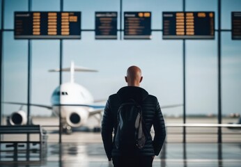 caucasian bald man from behind at the airport. Hair transplant beauty industry. Medical tourism.