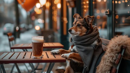 Fototapeta na wymiar A dog sitting in a cozy winter outdoor cafe with hot drink, dressed in stylish winter cozy clothes.