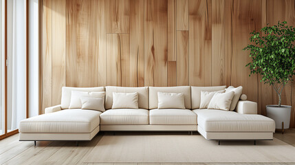  Beige corner sofa against of wooden paneling wall. Minimalist interior design of modern living room