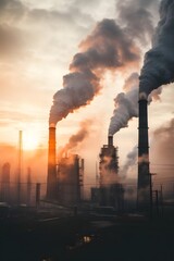 Industrial factory tall smokestacks released smoky emissions from smoke pipes. CO2 greenhouse gas, deteriorating air quality, air pollution, and climate change. Carbon dioxide gas.
