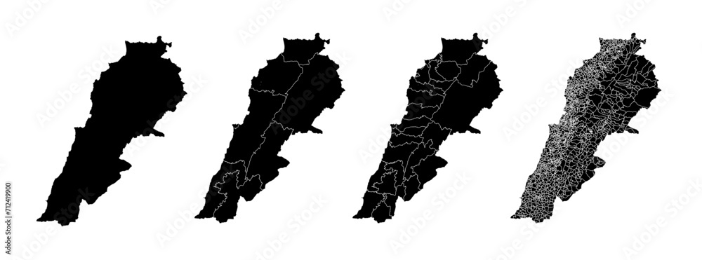 Sticker set of isolated lebanon maps with regions. isolated borders, departments, municipalities.