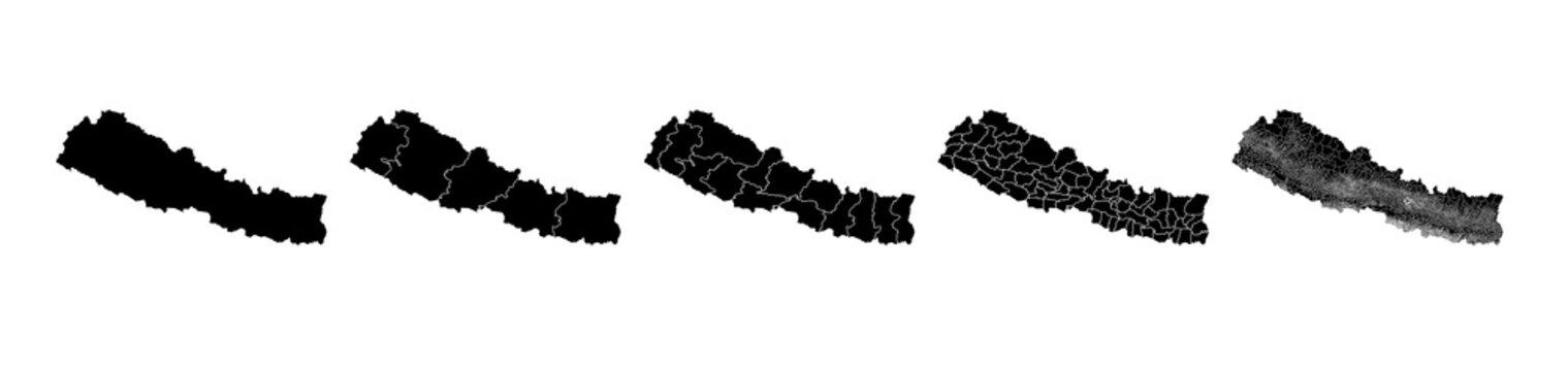 Set of isolated Nepal maps with regions. Isolated borders, departments, municipalities.