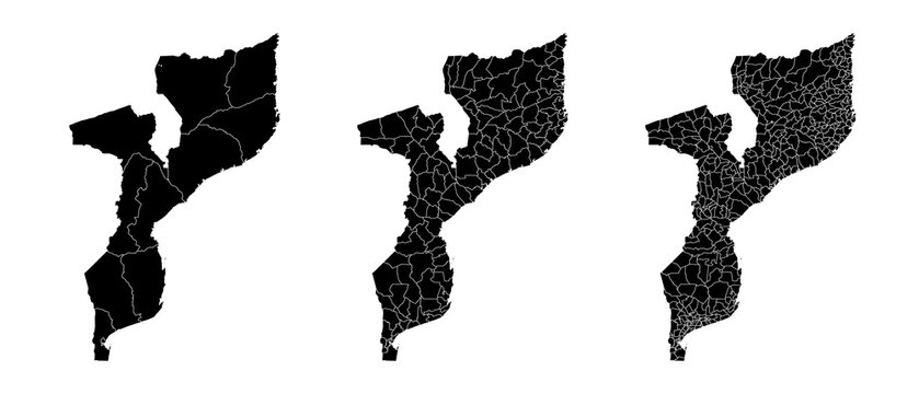 Set of isolated Mozambique maps with regions. Isolated borders, departments, municipalities.