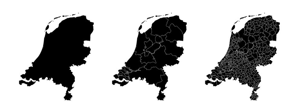 Set of isolated Netherlands maps with regions. Isolated borders, departments, municipalities.