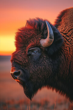 Closeup of bison face in wild nature, side portrait