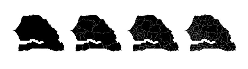 Set of isolated Senegal maps with regions. Isolated borders, departments, municipalities.