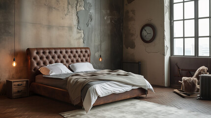 Brown shabby leather bed against concrete wall. Loft interior design of modern bedroom