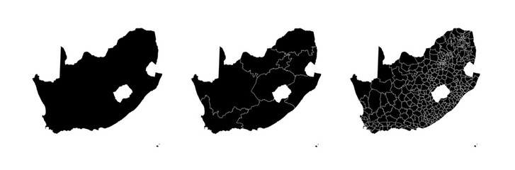 Set of isolated South Africa maps with regions. Isolated borders, departments, municipalities.