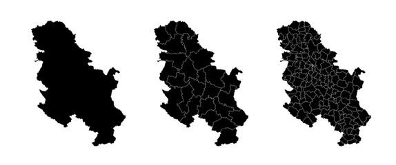 Set of isolated Serbia maps with regions. Isolated borders, departments, municipalities.