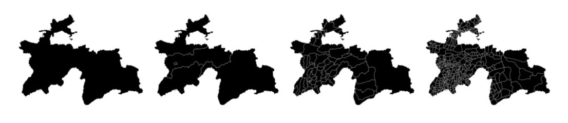 Set of isolated Tajikistan maps with regions. Isolated borders, departments, municipalities. - obrazy, fototapety, plakaty