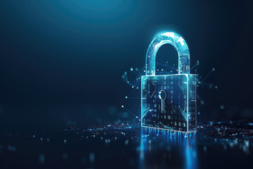 Creative digital polygonal open padlock hologram on blue background with mock up place. Safety, protection and security concept. Generative AI - obrazy, fototapety, plakaty