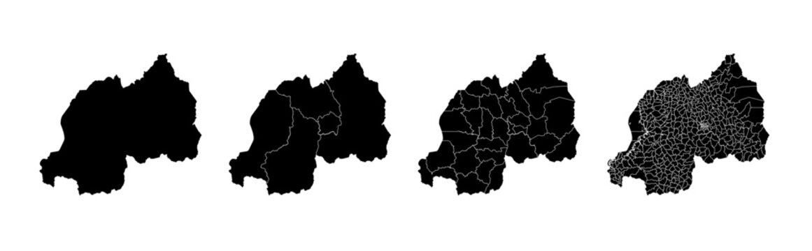 Set of isolated Rwanda maps with regions. Isolated borders, departments, municipalities.