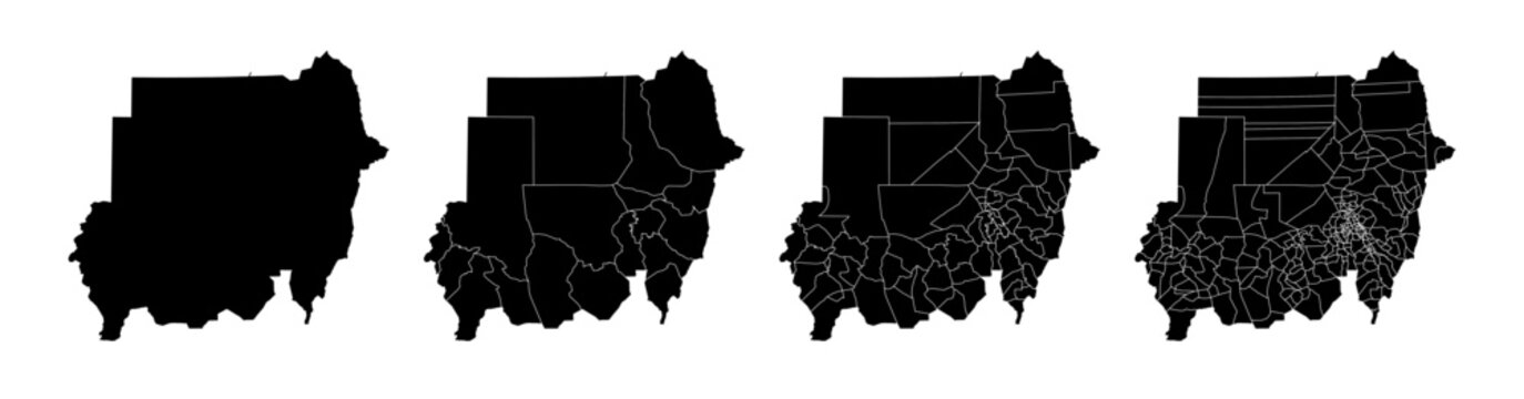Set of isolated Sudan maps with regions. Isolated borders, departments, municipalities.