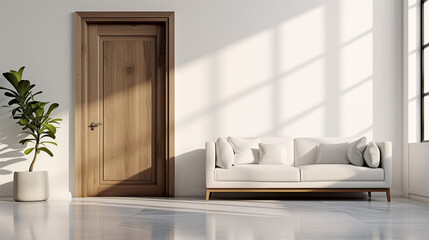  Close up of wooden door. Minimalist scandinavian home interior design of modern living room