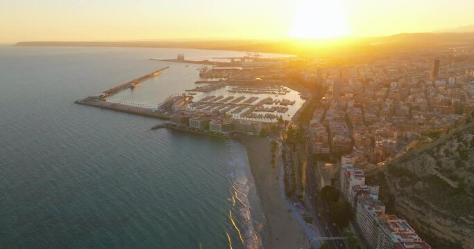 Sunset over the city center and marina of Alicante city. Spain, Costa blanca