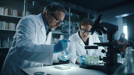 Fototapeta premium Group of doctors looking at microscope, doin g research in laboratory, working in teamwork and medicine medical, health care, lab, microbiology, generative ai 