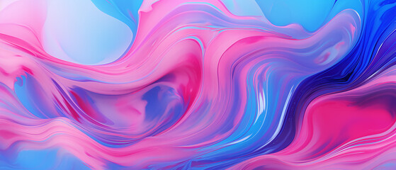 Abstract background, liquid swirls on holographic fluid, neon pink and blue color.
