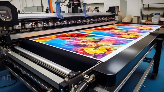 Large wide digital inkjet printing machine during production. 