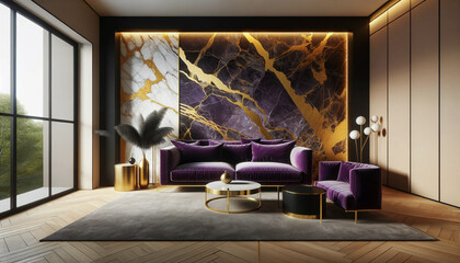 Purple sofa in room with abstract marble walls. Home interior design of modern living room. Stylish apartment with purple and gold colors. Generative AI