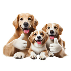 Family Golden Retriever dogs with thumbs up isolated on transparent background.