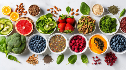 Healthy food clean eating selection: fruit, vegetable, seeds, superfood, cereals, leaf vegetable on white concrete background, clean food preparation Nutrition Fruits Fresh , Superfoods. Free space 