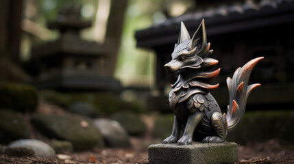 Metal figurine of fox from Japanese folklore against background of stones and forest. - obrazy, fototapety, plakaty