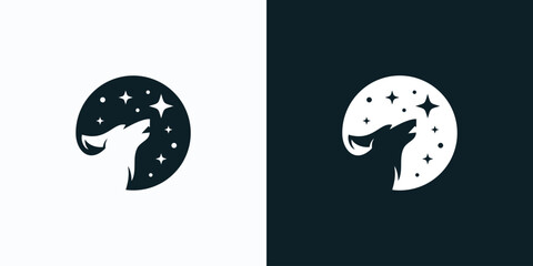 Vector logo design illustration of a wolf howling in a night full of stars. - obrazy, fototapety, plakaty