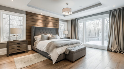  Farmhouse interior design of modern bedroom with hardwood floo