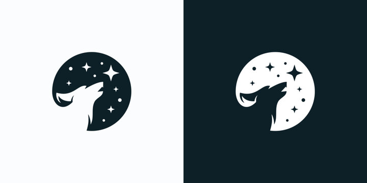 Vector logo design illustration of a wolf howling in a night full of stars.
