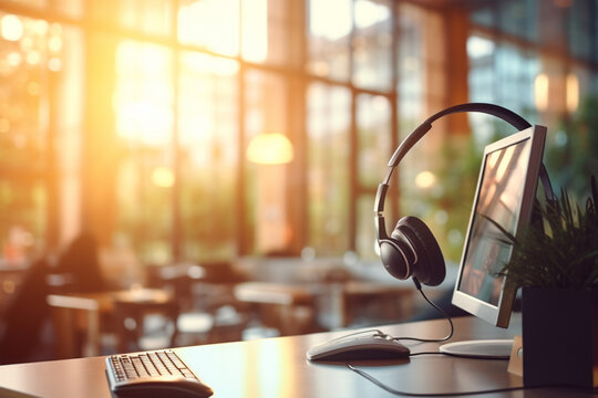 Call Center, Headset On A Computer In An Empty Office With Flare And Mockup For Communication Or Assistance. Customer Care, Support And Equipment In A Workplace After Hours For Help Or Service 