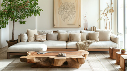  Live edge coffee table near corner sofa. Boho ethnic home interior design of modern living room