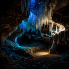 A mysterious cave adorned with luminescent crystals, creating an enchanting and captivating subterranean world