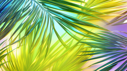 Surreal tropical glossy palm tree leaves illuminated with green and yellow neon lights. 