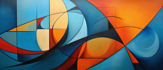 Abstract shapes and lines in bold, contrasting colors.