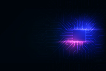 Vector futuristic microchip CPU circuit board blue light effect. Technology abstract background.