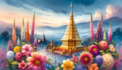 Watercolor illustration of pagoda in chiang mai with beautiful colorful flowers. - obrazy, fototapety, plakaty