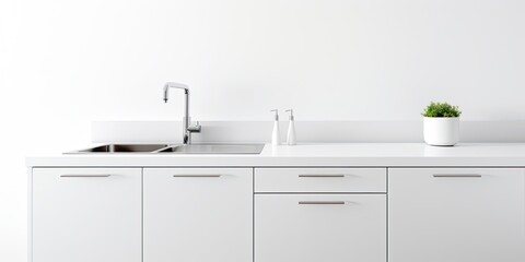 Isolated kitchen set with white sink, faucet, and cabinet for storage on white background.