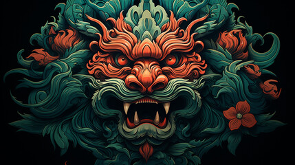 Balinese motif lion illustration, beautiful carving , very fierce, sharp gaze, red colorful , red , white , generate AI - obrazy, fototapety, plakaty