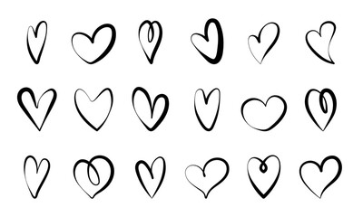 Hand-drawn heart icons. Collection of 18 heart doodle symbols