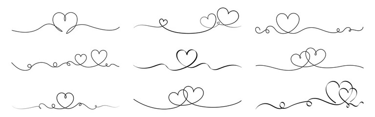 Heart borders set. Continuous line art hearts. Heart banner or divider for Valentine's Day or Mother's Day - obrazy, fototapety, plakaty