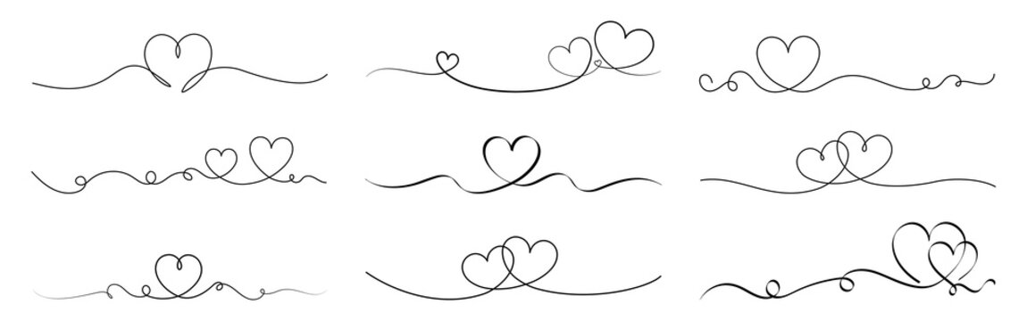 Valentine's Day borders set. Continuous line art heart shapes. Love dividers or banners for Valentine's Day, weddings or Mother's Day. Vector collection.
