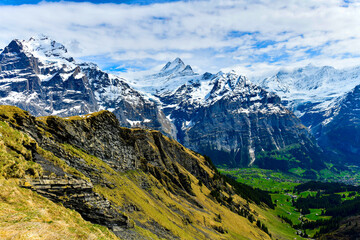 Beautiful landscape alpine view in summer mountains around Grindelwald, Switzerland