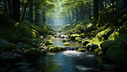 Fototapeta na wymiar Hidden rain forest waterfall with lush foliage and mossy rocks