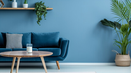 Round coffee table near blue sofa. Wooden shelf with home decor and houseplant against blue wall with copy space. Scandinavian home interior design of modern living room