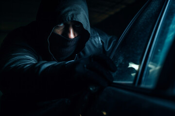 Car Robber with Flashlight Looking Inside the Car. Car Security Theme  - obrazy, fototapety, plakaty