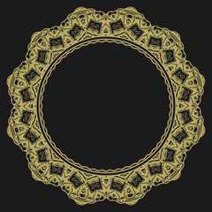 Gold round vintage frame with stylized lace ornament. Black background. Vector illustration