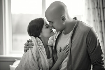 Supportive husband kissing his wife, cancer patient, after treatment in hospital. Cancer and family support concept.