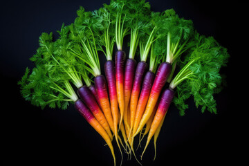 Top view of bunch of fresh organic rainbow carrots on black background representing concept of healthy food